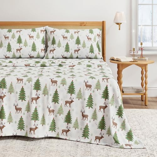 Great Bay Home 4 Piece 100% Turkish Cotton Full Holiday Flannel Sheet Set | Cotton Christmas Bedding Sheets & Pillowcases | Warm, Double-Brushed Bed Sheets (Full, Deer, Trees, Snow)