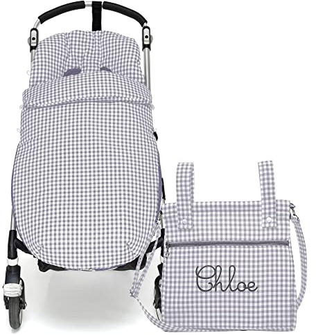 Conjunto de Saco Silla de paseo Universal + Bolso Panera Personalizada – Conjunto Saco Universal + Talega o bolsa para carrito bordada con nombre – Vichy Gris – Nenel