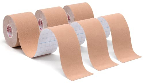 Carehabi Cinta de kinesiología deportiva, 5 m x 5 cm, 3 rollos, cinta de kinesiología resistente al agua y elástica para deporte(Beige)