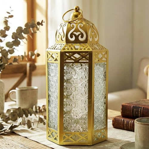 Dekorative marokkanische Laterne aus goldenem Metall mit Kerzenhalter – Innen-/Außenbereich, Heimdekoration, Terrasse, Hochzeiten, Weihnachten, groß