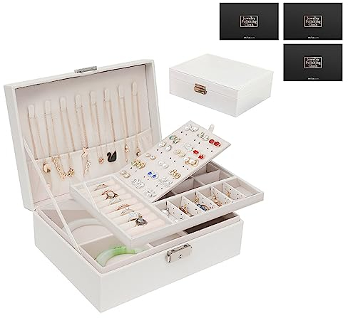 TAVADA Portagioie da viaggio,Portagioie Donna Ragazza in Pelle PU,Scatola di Gioielli a 2 Strati,Cofanetto Portagioie per Riporre Orecchini,Anelli,Collane(Bianco)