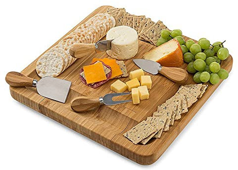 THREMA Bambus-Käsebrett, Dessertteller, Wurstbrett Und Zubehör-Set Mit Ausziehbaren Schubladen Und 4 Messern Und Gabeln, Edles Design Für Mutter, Paargeburtstag, Einweihungsparty