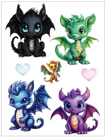 Bügelbilder Set für Textilien DIN A4 Kinder Mädchen Jungen Dino Einhorn groß klein Aufbügelbild zum aufbügeln (4 - Drachen)