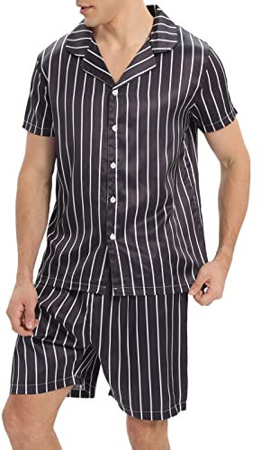 Men's Tracksuit Complete Men's Solid Set Short Sleeve Shorts Faux Silk Colour Ding Pyjamas Home Suit Sleepwear Button Top Short Set Men's Trousers Business, black, S
