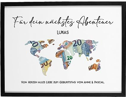 Herz & Heim® Personalisiertes Geldgeschenk Bilderrahmen 30 x 40 cm mit ausgestanzten Motiv Weltenbummler