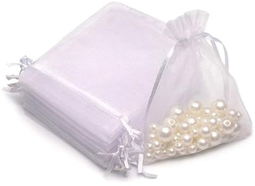 KGDUYC Borsette,50Pezzi Sacchetti Organza 7x9CM, Bianco Sacchetti per Bomboniere Comunione Matrimonio Compleanno Gioielli Bustina Natale Regalo con Cordino