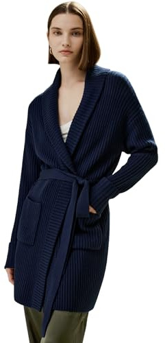 LilySilk Cardigan 100 % laine mérinos pour femme avec col châle, devant ouvert et ceinture à nouer, manches longues, cardigan avec poches, Bleu marine, L