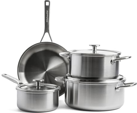 KitchenAid Multiply 3PLY 7-Piece Stainless Steel Cookware Pots and Pans Set, Incl. Frying Pan, Casserole, Saucepan, PFAS-Free, Triply, Multiclad, Induction Suitable, Oven Safe up to 220°C, Silver