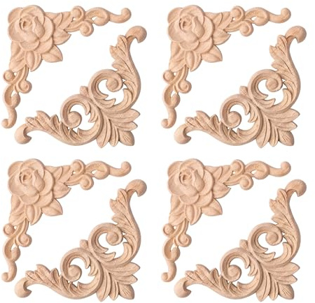FRUHLING 8 stycken träsnidade hörn, träutsmyckningar, träsnideri, applique prydnad, omålade, träapplikationer för möbler, dörr, skåp, fönsterspegel (2 mönster)