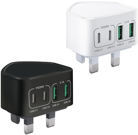Saqykan 2-Pack 40W USB C Plug Fast Charger Plug iPhone 15 14 13 12 11 Pro Max SE XS XR 8 7 Plus，iPad，Samsung,Huawei，UK 4-Port USB Wall Plug Fast Charge Multi USBC Charging PlugType C PD Power Adapter