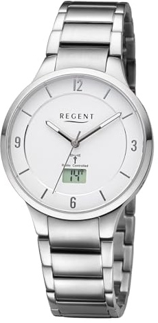 REGENT URFR291 Montre radio-pilotée analogique et numérique pour homme Bracelet en métal argenté, Argenté.
