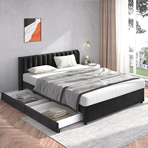 Rtopsu Polsterbett Doppelbett 180x200 cm, Bett mit 2 Stauraum Schubladen und Lattenrost aus Holz, Stauraumbett Bettgestell mit Metallrahmen, Samt, Schwarz (Ohne Matratze)
