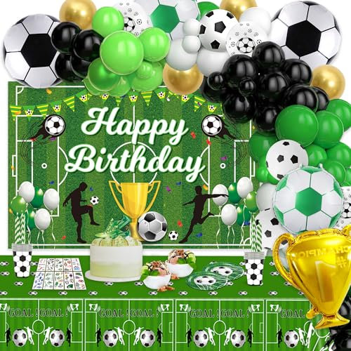 Xietaea Fussball Deko Geburtstag Kinder - Fußball Geburtstagsdeko Junge mit Happy Birthday Hintergrund, Fussball Folienballons, Grüne Luftballons Girlande, Tischdecke und Fussball Temporäre Tattoos