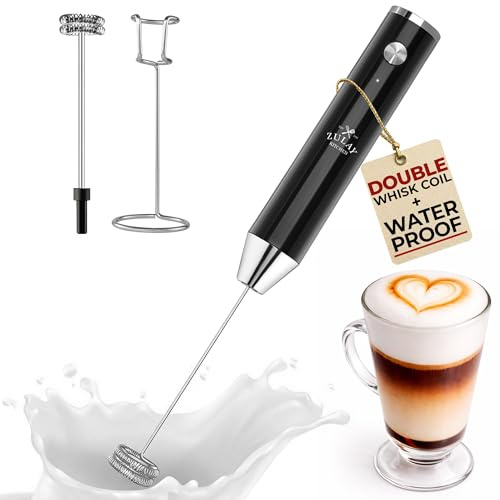 Zulay Kitchen Lux - Espumador de leche recargable de mano, potente motor de 2 velocidades, totalmente impermeable, batería de 2000 mAh, mezclador de bebidas para latte, capuchino, matcha, proteína en