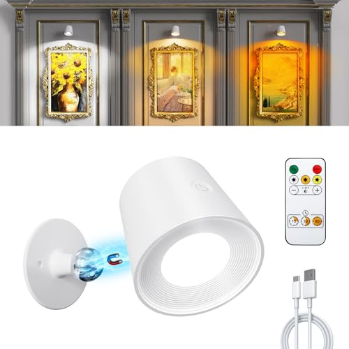 MEKKLEON LED Wandleuchte Innen kabellos,Wandlampe mit Akku,3 Farbmodi,Dimmbar,Touch-und Fernbedienung,360° drehbare,wandleuchte innen ohne stromanschluss für Schlafzimmer am Nachttisch (Weiß, 1)