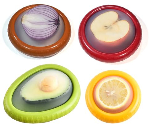4 contenitori riutilizzabili per avocado, cipolla, limone, pomodori, conserve, in silicone, anti-ossidazione, per frutta e verdura, per frigorifero, conservazione di alimenti