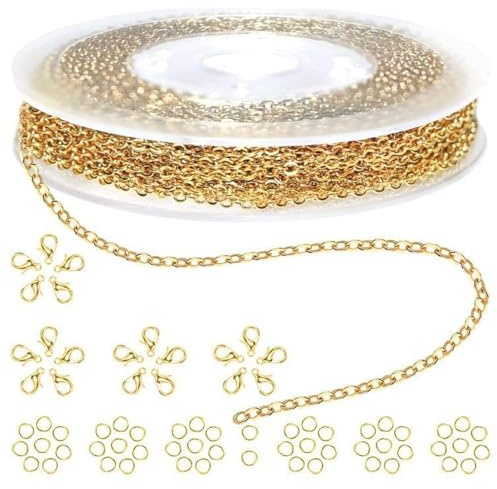 JINJUMEI 1 Rollen 10 Meter Gold Gliederkette Schmuckherstellung Kette Halskette Kette Metallkette mit 50 Sprung Ringe und 20 Karabinerverschlüsse für DIY Armband Kette Schmuckherstellung.