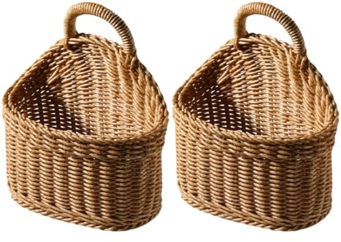 Amosfun 2St handgefertigter Aufbewahrungskorb Blumenkörbe zum Aufhängen an der Wand gewobener Korb Snackbehälter küchenkorb körbe küche geflochtener Eierkorb Brotkorb Plastik Light Brown
