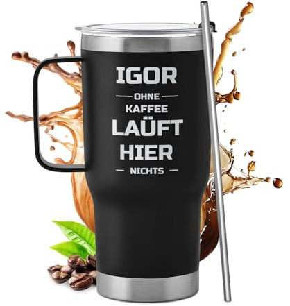 Maverton Schwarzer 600 ml Trinkbecher mit Deckel und Strohhalm - Edelstahl Kaffeebecher to go 100% dicht - Geschenke für Männer zum Geburtstag - personalisierte Geschenke