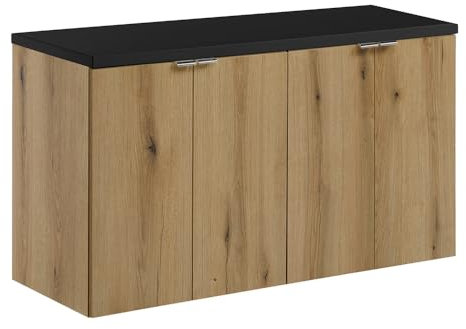 Lomadox Badezimmer Doppel-Waschtischunterschrank 100cm, in Eiche und schwarz, geringe Tiefe (40cm)