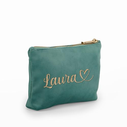 Caribu design Pochette in Velluto Personalizzata con Nome Iniziali Testo - Borsa per Trucchi, Cosmetica, da Viaggio, con Cerniera - Idea Regalo Personalizzata per Lei Donna (Verde giada, Piccola)