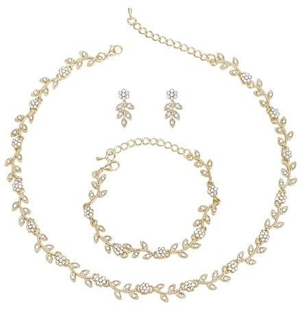 Clearine Wedding Jewellery Set for Women Bride, Gorgeous Stunning Crystal Flower Leaf Cluster Choker Necklace Link Bracelet Stud Earrings for Prom Cocktail Party Clear Gold-Tone