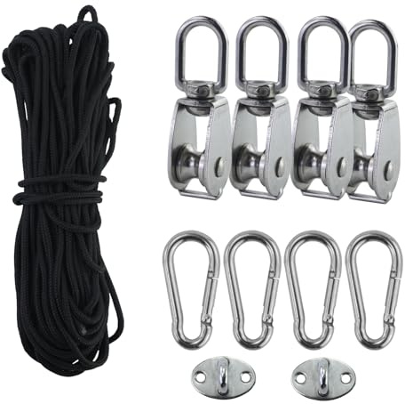 4 Stück Edelstahlrolle, Blockseilrolle mit 4 Stück Karabinerhaken, 1 Stück geflochtenes Seil, 2 Stück Ringhaken, Rollenrolle für Innen- und Außeneinsatz