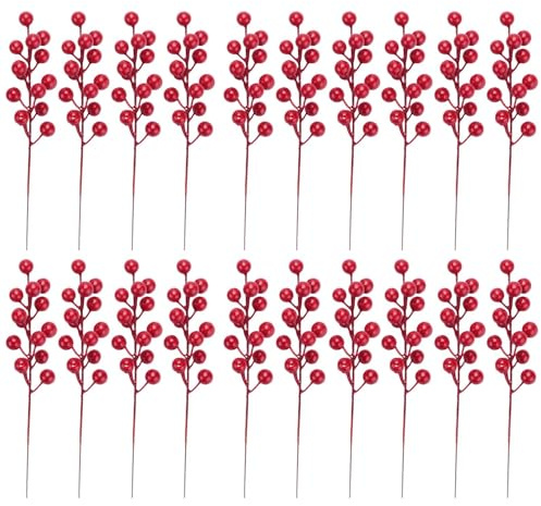 Bacche rosse, decorazione natalizia, gambi di bacche rosse artificiali, 20 cm, ornamenti per brunch di bacche di agrifoglio finte | 20 x picchetti decorativi di bacche artificiali in bordeaux, rami di