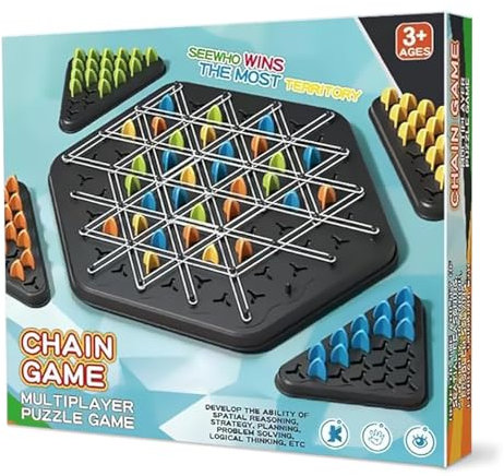 Chain Triangle Game,Board Games for Family Night, Territory Capture Family Game，Triggle Board Game with Rubber Band, 2 to 4 Players, Ages 3+ (1set)