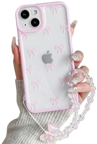 NITITOP for iPhone 14 Case Cute Clear Bow Chain,Pink | for Women Girls, Aesthetic Bowknot Ribbon Design, with Wrist Strap, Soft TPU Shockproof Cover, Full Camera Protection
