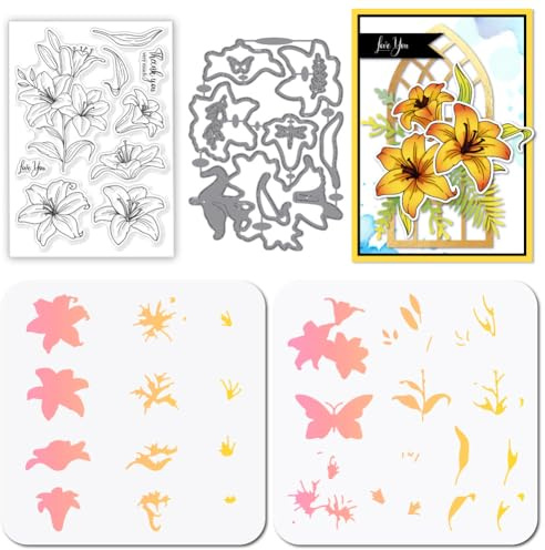 GLOBLELAND Frühling Lily Blumen Klare Stamps und Metall Stanzschablone für die Kartenherstellung Silikonstempel Stanzschablone PET Malschablonen Für DIY Scrapbooking Bastelalben Zubehör