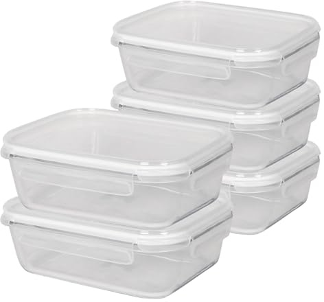 Harbour Housewares 1.5 Litre Glass Food Storage Containers with Lids - Clear/White - 5x Large Reusable Airtight Meal Prep Lunch Box Takeaway Cereal Pantry Tubs Set | Safe for Freezer and Microwave