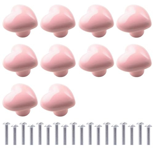 Auped 10-Pack Ceramic Heart-Shaped Cabinet Knobs - Pink Drawer Handles with Screws for Cupboards, Kitchen Furniture & Dressers‌