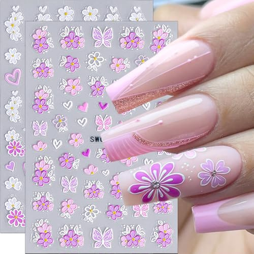 Relief Nagelsticker Blumen Rosa Weiß Gänseblümchen Blume Nagelaufkleber Sommer Frühling Flower Nail Sticker Herz Blütenblätter Schmetterling Nagel Sticker Blumen Nagel Stickers Nageldesign Nail Art
