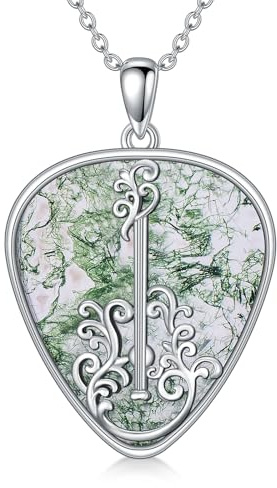 HARMONY BOLA Gitarren-Halskette, 925er Sterlingsilber, Moosachat, Gitarrenplektrum-Anhänger, Musikschmuck für Damen und Herren