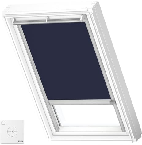 VELUX Store Occultant Solaire, Cadre Argenté, S06, Bleu Foncé | Fonctionnement solaire, télécommande, réglage progressif, électrique