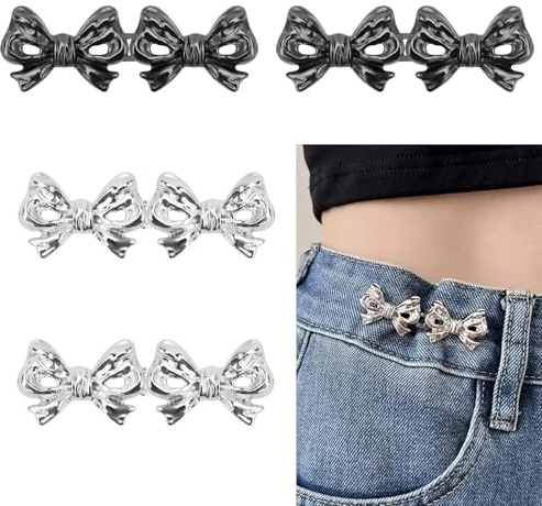 4 Pairs Bow Jeans Button Pins, Detachable Trouser Waist Tightener Adjustable Waist Buckle Tighten Waist Buttons No Sew Pants Waist Adjuster Clips for Loose Jeans Trousers