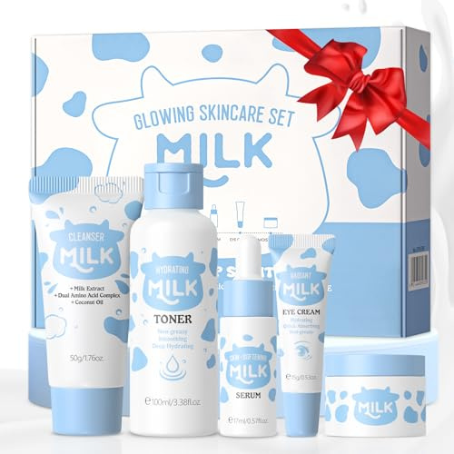 Skincare Kit Milk, Soins pour le Visage Adolescente 5pcs | Coffret Beauté Femme Skincare, pour Une Peau Éclatante et Hydratée, Nettoyant, Toner, Sérum, Crème Contour des Yeux et Crème