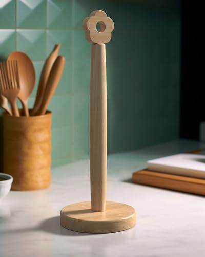 KitchLife Cute Wooden Paper Towel Holder for Countertop with Weighted Base – Solid Freestanding Paper Towel Stand Dispenser with Anti-Slip Base, Flower Top