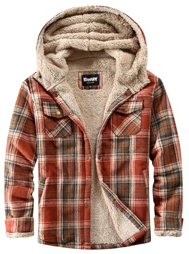 Elesuit Women's Fleece Flannel Jacket Plaid Sherpa Lined Jacket Long Sleeve Button Down Hooded Jackets for Women Red Medium