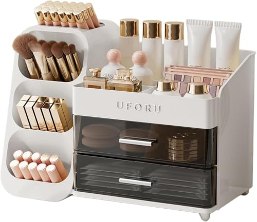 Reflygen Drawer Cosmetic Organiser, Large Capacity Dresser Organiser For Bathroom And Bedroom Countertop Cosmetic Storage, Makeup Tools, Skincare Products, Lipstick Storage Display(milky white)