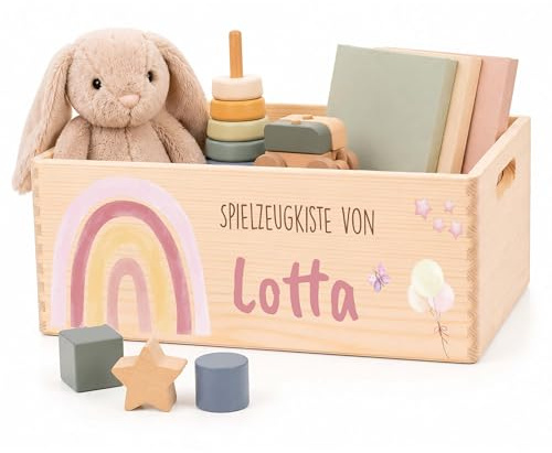 Kidsmood Holzkiste mit Wunschnamen – Stilvolle Spielzeugkiste für Baby- & Kinderzimmer | Ideale Aufbewahrungsbox für Kinder zur Spielzeug Aufbewahrung | Personalisierte Geschenke Baby - Regenbogen