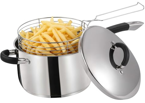 Unique Craft 22CM DEEP Fat Fryer Set | 8.6 Inch 3PC Stainless Steel CHIP PAN | CHIP Pans with Basket and LID | Home | Kitchen |Cooking | Silver Mirror Finish Body (22cm)