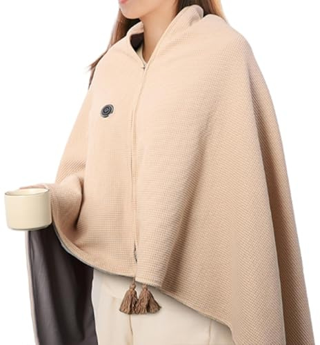 Heizdecke mit Akku, Usb Heizdecke, mit Akku Kabellos, Tragbare Beheizte Schals für Büro, Reisen, Camping, Schnelle Erwärmung (Keine Powerbank vorhanden) (Beige)