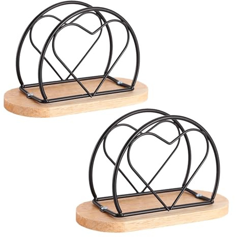 Shibida 2 piezas Servilletero de Mesa,Servilletero de Metal Negro,Base de Madera,Independiente Dispensador de Servilletas de Mesa Soporte de Pañuelos de Tela Rústica Servilleteros