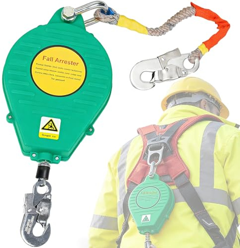 Höhensicherungsgerät 3m/5m/7m/10m/15m/20m, Absturzsicherung Dachdecker mit Selbstverriegelndem Haken, Tragbar Fallschutz Auffanggerät für Dach und Arbeiten in der Höhe(Green,10m)