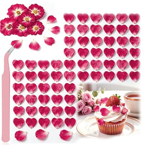 Celblisora 80 stycken mini naturligt torkade, pressade ätbara blommor för födelsedag, tårtdekoration och cocktails, gör-det-själv-hantverk, röda hjärtformade rosblad, cupcakes dekoration