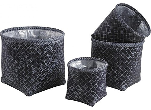 AUBRY GASPARD - Cache-Pot en Palmier Patiné (Lot de 4) - Noir - Ø 35 cm, Hauteur 31 cm - Doublure Plastique - Solide - Design Exotique pour Terrasse ou Balcon - Idéal Plantes et Fleurs Extérieures