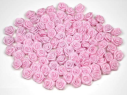 Rosen 15 mm x 100 Stück Satinrosen Aufnäher Deko Blumen Röschen zum Basteln Haarschmuck kleine Rosenköpfe Farbe: rosa 148
