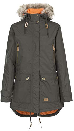 Trespass Womens Parka Jacket Clea - Waterproof, Lightly Padded, Removable Hood Fur Trim, 2 Patch Pockets with Flaps, 2 Zip Pockets, Longer Length, Adjustable Hood